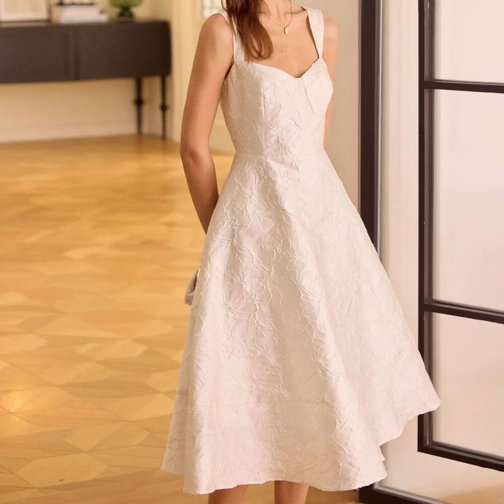 Rihoas White Sweetheart Neck Jacquard Midi Dress Ivory size Large NWT callout